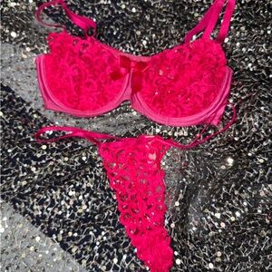 Vintage Victoria’s Secret 36D and Large string bottom Lace Lingerie Hot Pink